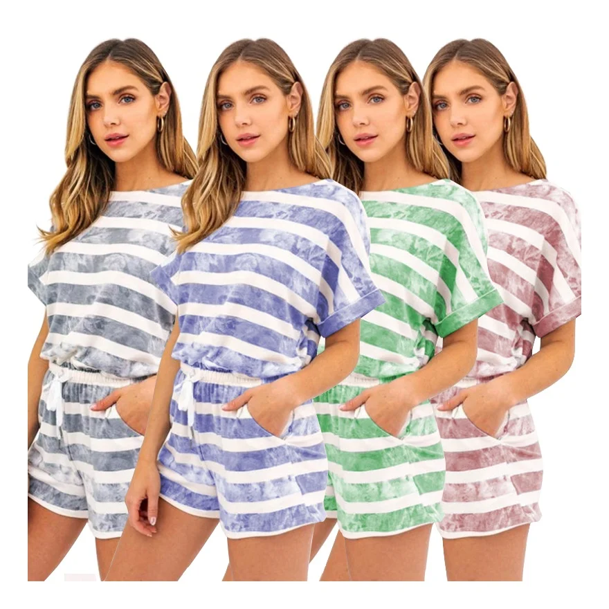 

2022 Summer Women Tie Dye Striped Print Two Piece Sweatsuit Shorts Set, Gray, red, blue, green