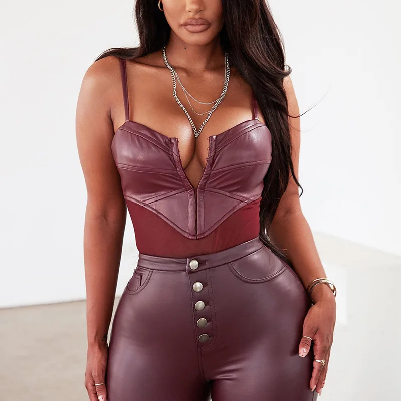 

2021 New Style Women's Sexy Bodysuit Sleeveless Suspenders Perspective Pu Leather Mesh Stitching Ladies Jumpsuit Club