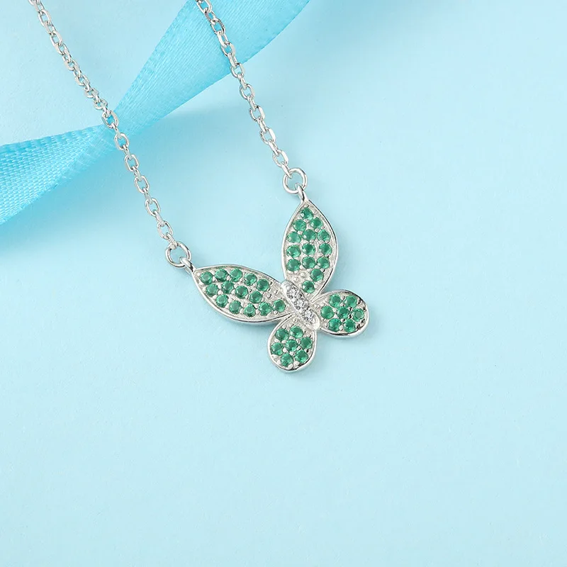 

925 Sterling Butterfly Inlaid Green Zircon Female Silver Necklace Fashion Jewelry, Custom white/rose gold/yellow gold