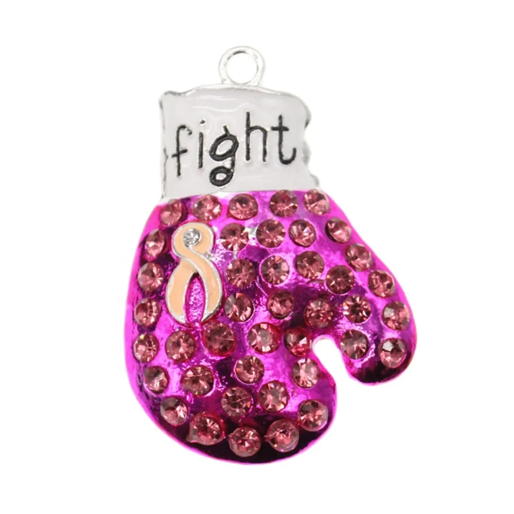 

Wholesale Jewelry alloy rhinestone Pink Ribbon Breast Cancer Awareness Pendant Boxing charms women necklaces