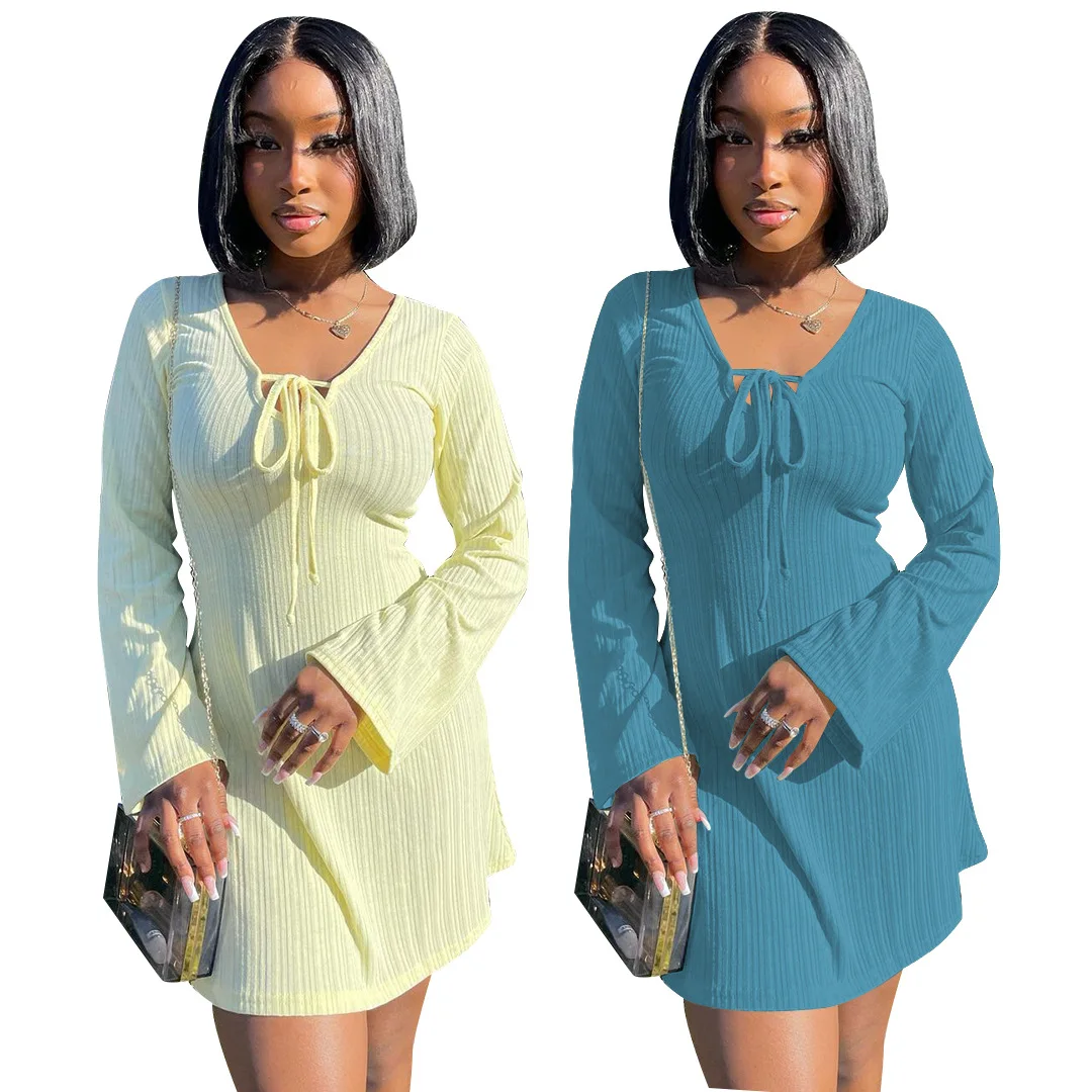 

Fashion casual summer solid bandage V neck knitted long sleeve dress for women, Yellow,blue