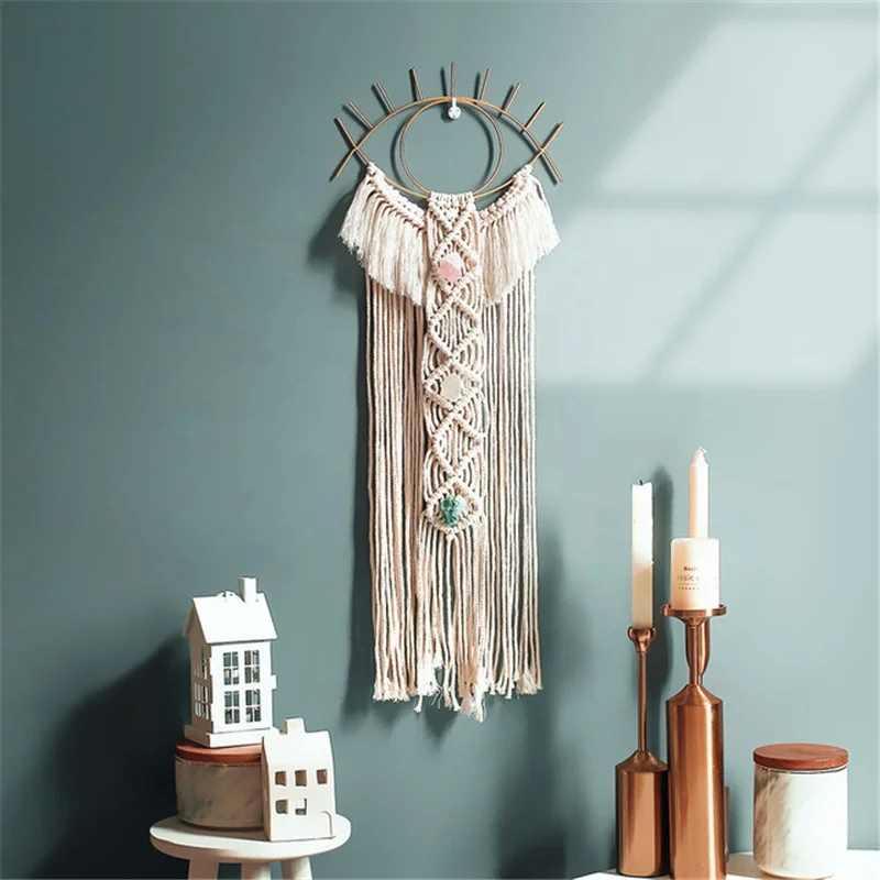 

Macrame Wall Hanging Evil Eye Dream Catcher with Crystal Stone Pendant Boho Woven Macrame Bohemian Ornament, White,cream,black,oem color