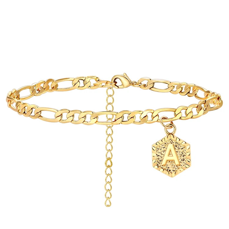 

Wholesale Gold Plated 26 Initial Ankle Bracelet Anklets Cuban Link Stainless Steel Anklet for Women