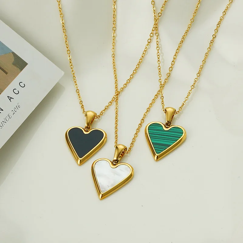 

Mingxi 18k Gold Plated Stainless Steel Tarnish Free Female Jewelry Malachite White Mother Of Shell Heart Pendant Necklace, Gold/silver/rose gold/red