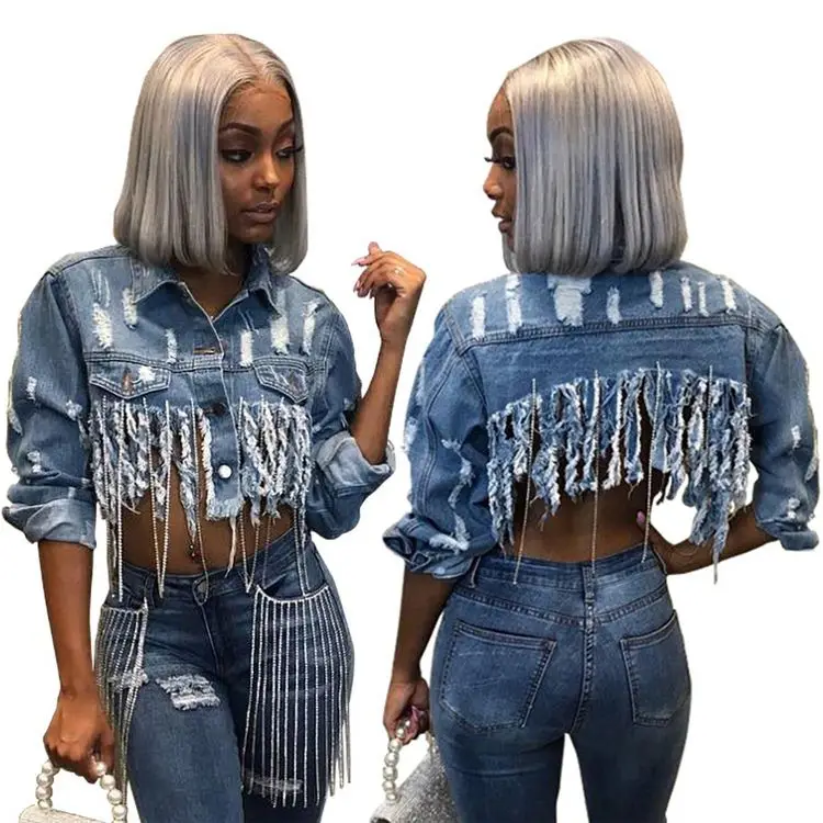 

Best Seller Stylish Ripped Distressed Tassel Crop Denim Jean Coat Womens Fashion Boutique Clothing