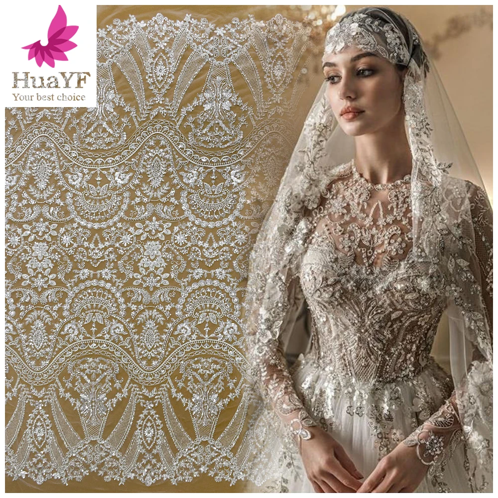 

2021 New luxury french white wedding bridal glass beaded lace with sequins embroidery tulle lace dress fabric HY1441-3, As picture