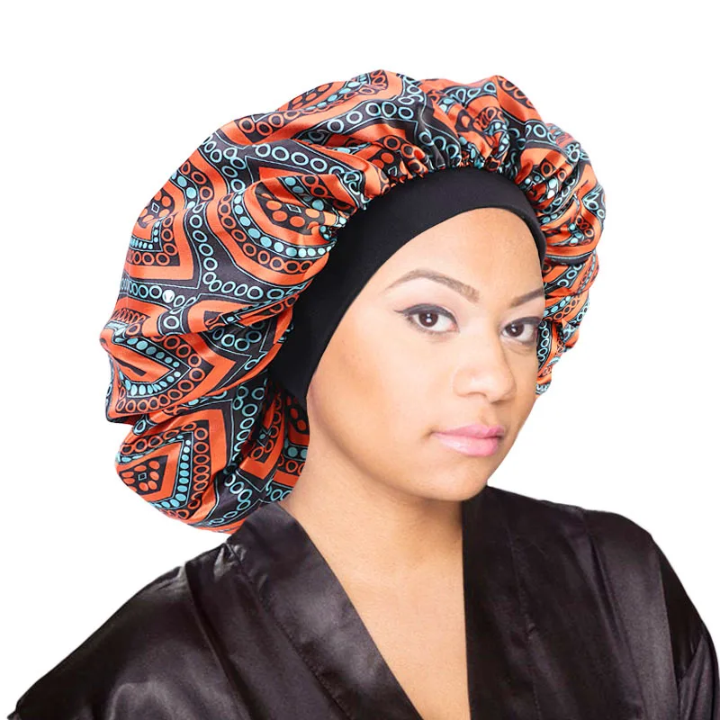 

Large Size Satin Bonnet Sleep Cap Elastic Band Women African Pattern Print Ladies night Cap long Hair Female Bonnet