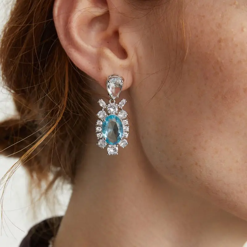 

3 Colors Waterdrop Pink Blue Diamond Earrings Oval Geometric Long Dangle Rhinestone Earrings Vintage Statement Luxury Jewelry, Silver