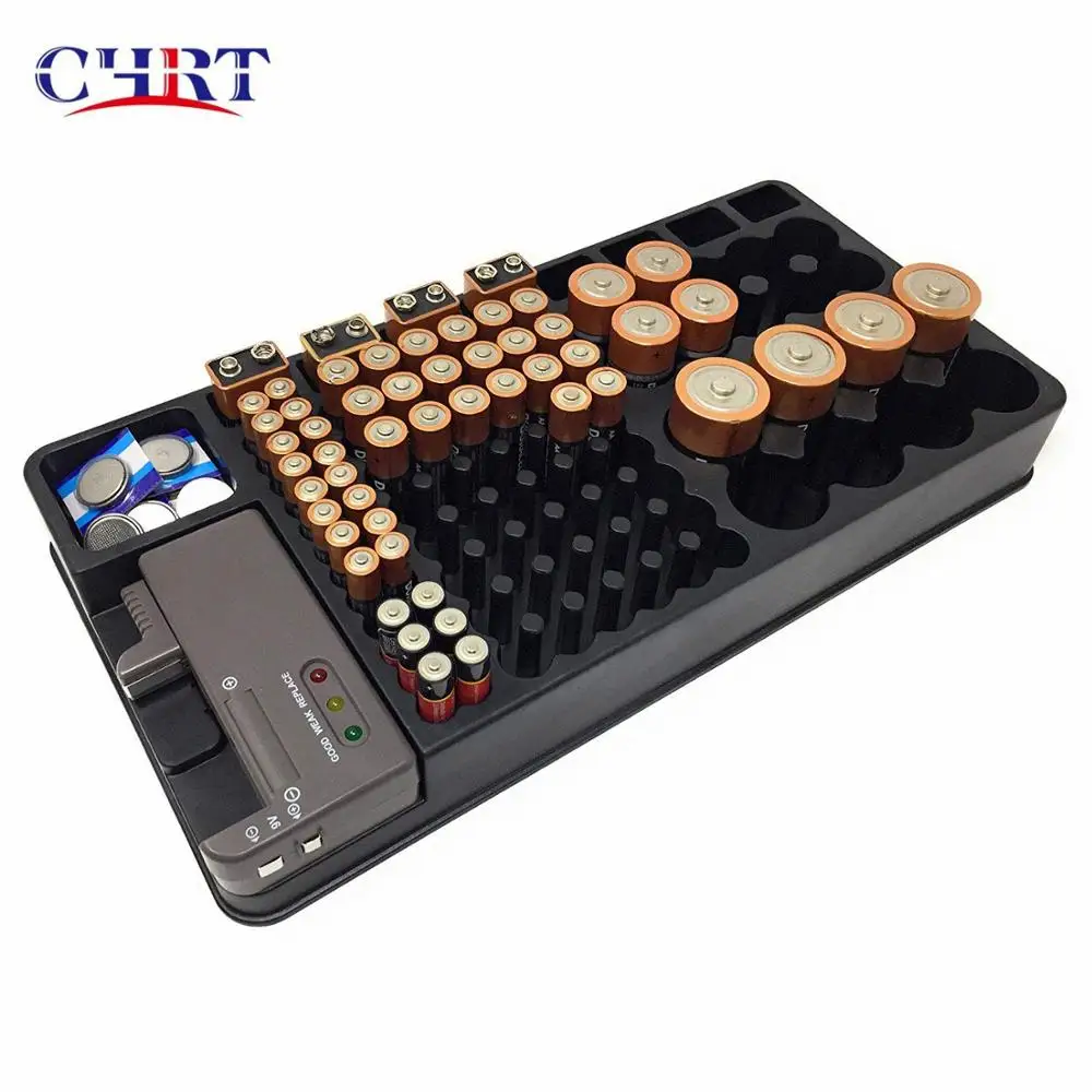 

CHRT Holds 98 Batteries AA AAA C D 9V Removable Battery Tester Included Container Battery Organizer Storage With Tester, Black