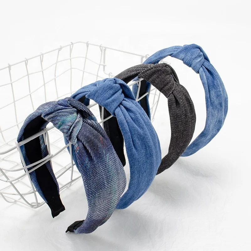 

Denim headbands for women fashion retro wide edge jeans knotted headband hair accessories