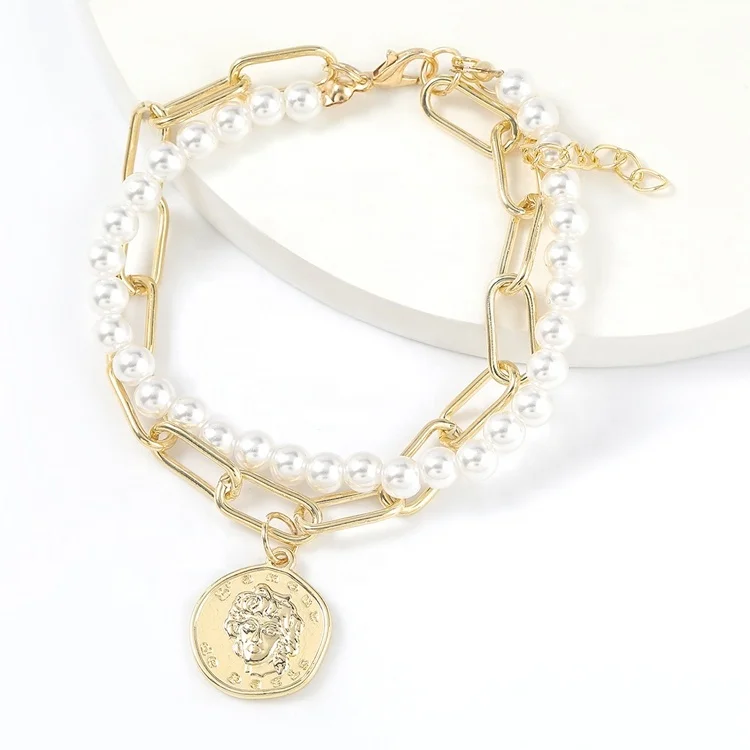 

Fashion new alloy layered golden pearl portrait coin shaped bracelet, Gold color