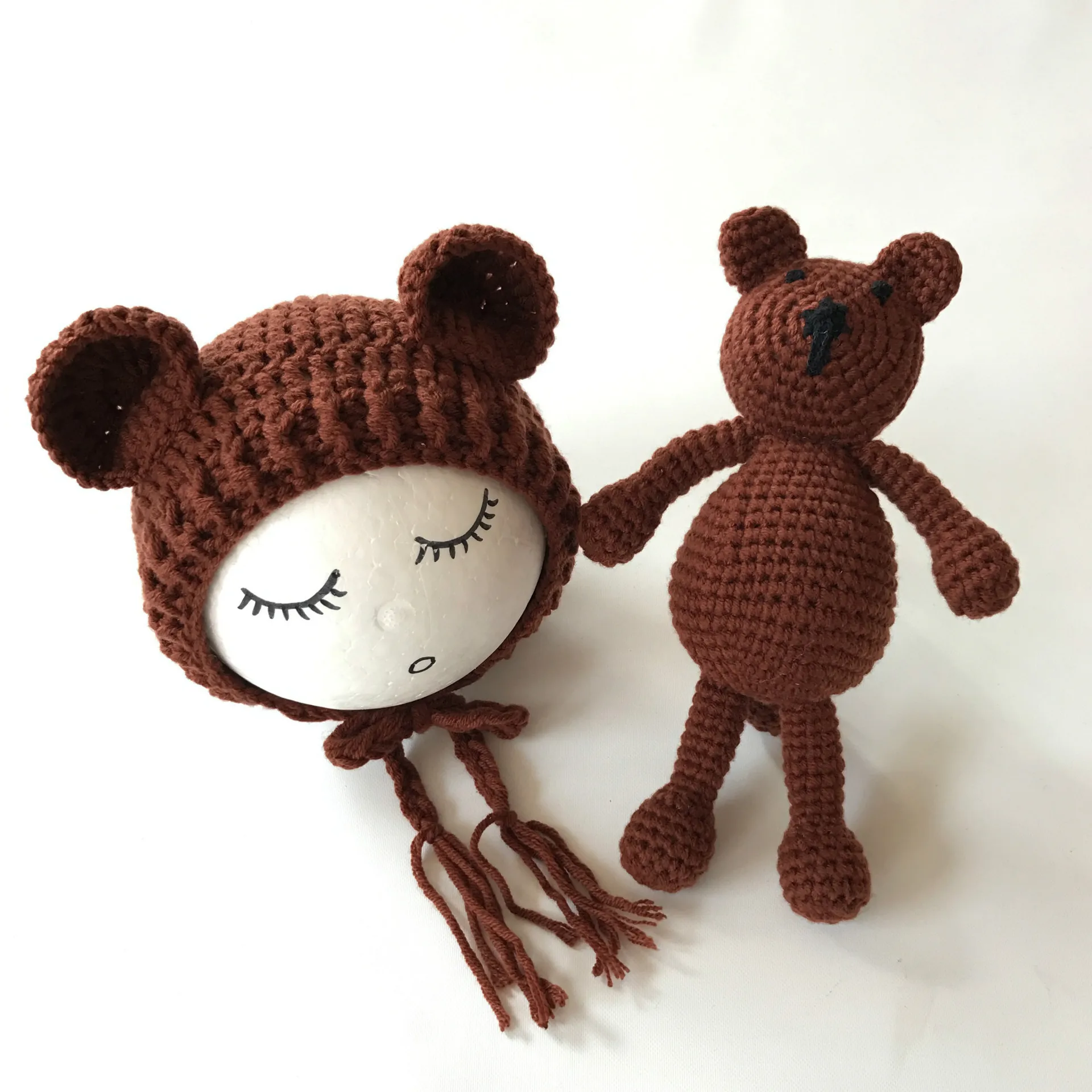 

Handmade Knitted Newborn Baby's Hat With Bear Doll Toy Wonderful Decorative Baby's Accessories For Photography