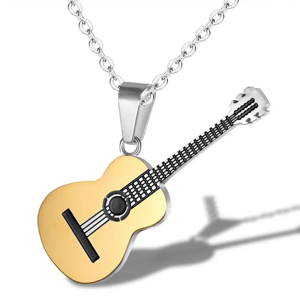 

Souvenir Romantic Fashion Stainless Steel Gold Plated Music Guitar Pendant Jewelry Necklace For Man, Gold,silver,black