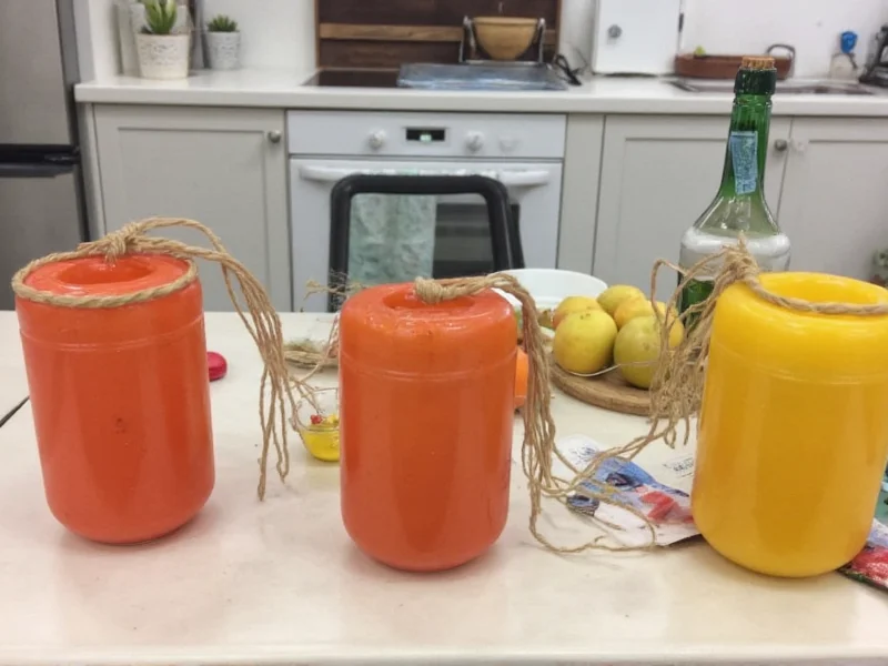 Three DIY fly traps on kitchen counter with fruit