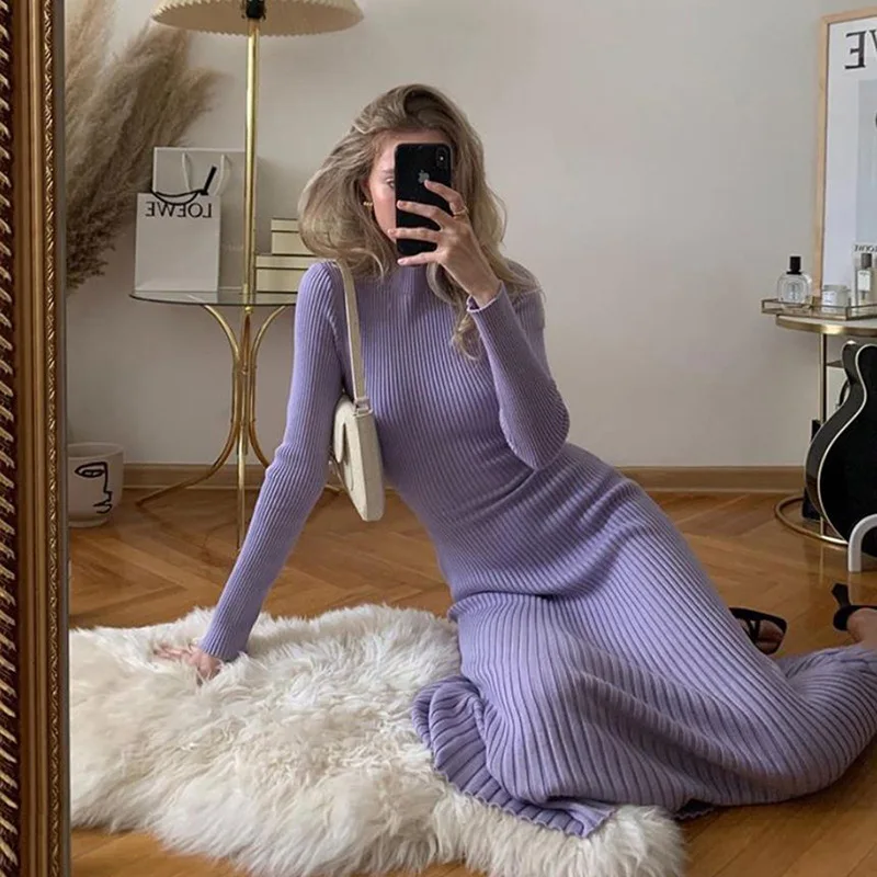 

Wholesale new arrivals winter women rib long sleeve splicing backless lace-up dress, Photo shows