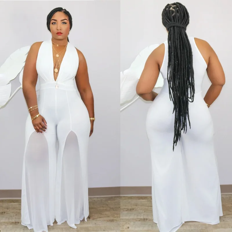 

Women One Piece Sexy Plus Size Sleeveless Jumpsuits Deep V Neck Wide Leg Women Jumpsuit, White,black,green,red,orange or customized colors