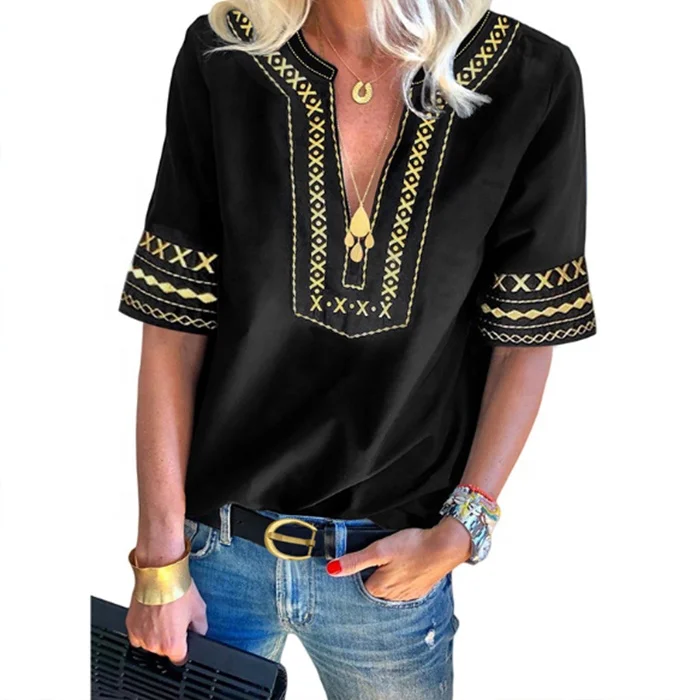 

New Arrival Summer V-neck Casual Women Embroider Print Shirts, Black/green/blue