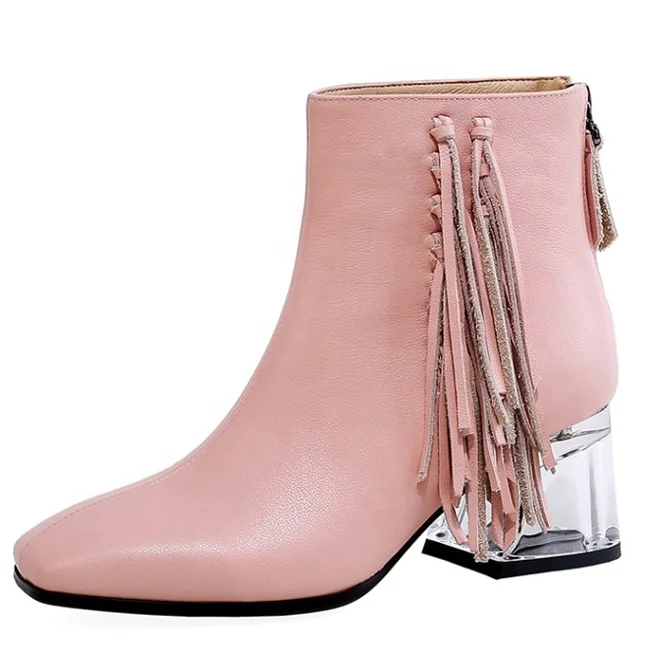 

Luxury women's Fashion Boots Lady Ankle Boots Chunky Clear Heel Dress Booties Fringe Tassel Female Short Boots, White black pink