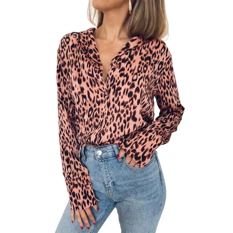 

Fashion Women Long Sleeve Topsturn-down Collar Leopard Print Chiffon Shirt