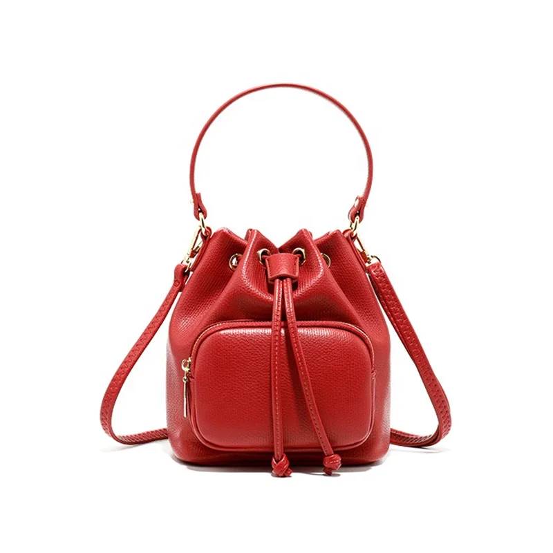 

2021 Korean Style Casual Simple Leather Sling Bag Drawstring Bucket Bags For Women