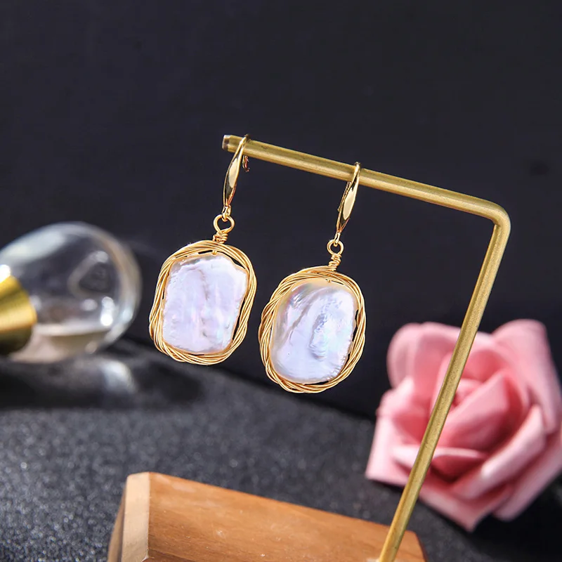 

Handmade Tarnish Wholesale Wired Trendy Luxury Korean Freshwater Baroque Pearl Bridal Earrings, Gold