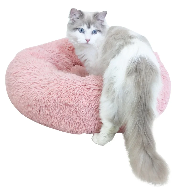 

Long Plush Fluffy Donut Pet Bed Anti Slip Dot Bottom Round Calming Cat Puppy Dog Donut Bed, Customized color