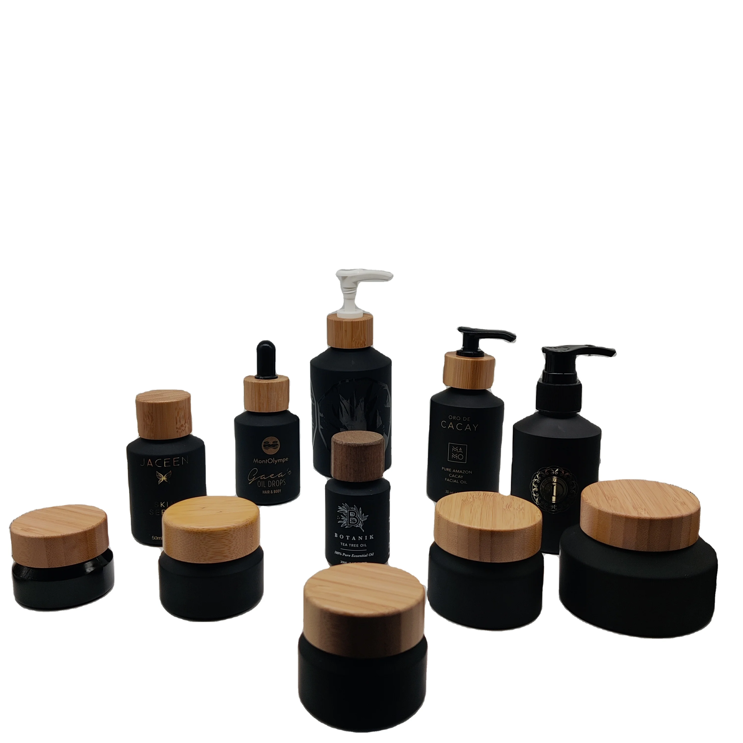 

Black Matte Cosmetic Packaging Glass Bottle and Tilt Jar for Serum Essential Oil Lotion Face Cream Skin Care Balm with BambooLid