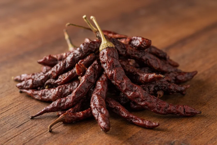 Close-up view of dried chipotle peppers showing their wrinkled texture and dark brown color on wooden surface