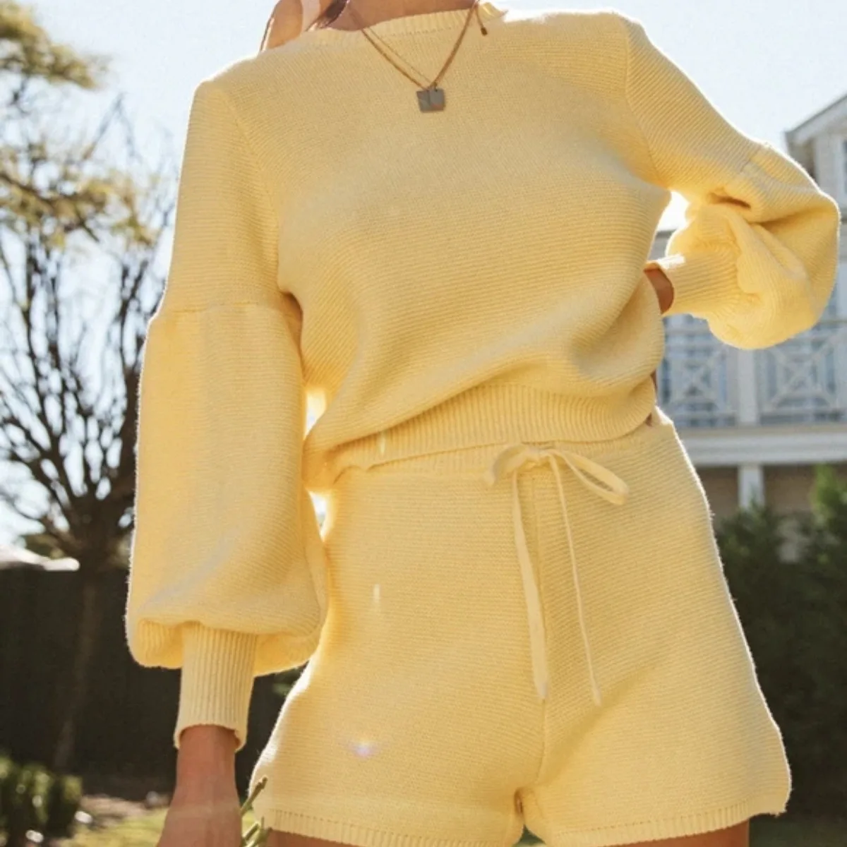 

Luckpanther Ready To Ship 2PCS Knitted Lantern Sleeve Women Sweaters Set Casual Pullover Sweaters And Shorts Suit, White, black, grey, navy, all colors can do