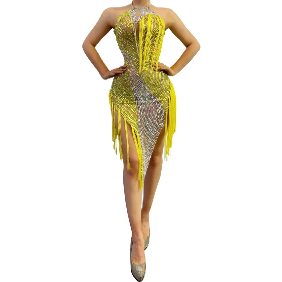 

Novance Y2017 Yellow Tassel Latin Rhinestone Fringes Mesh Transparent Sexy Dress Birthday Celebrate Dancer See Through Costume