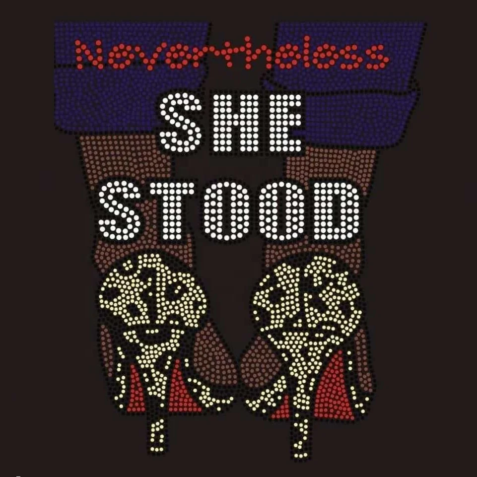 

She Stood Afro Girl Iron on Rhinestone Motif, Crystal, red, saphire, smoked topaz,black
