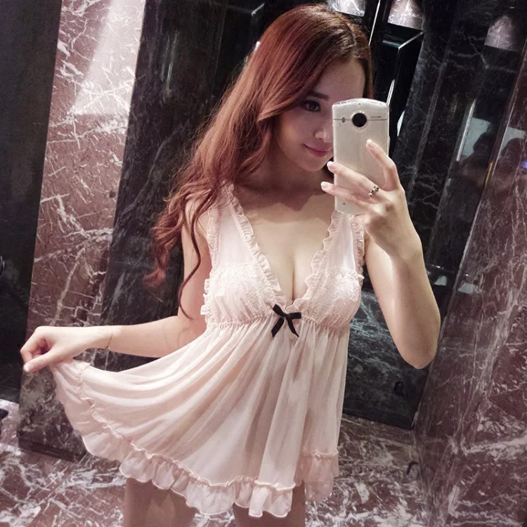 Babydoll Sexy Transparent Lingerie Deep V Neck Nightdress Lace  Pyjamas Women Sleepwear With Panties 2 Piece Sets