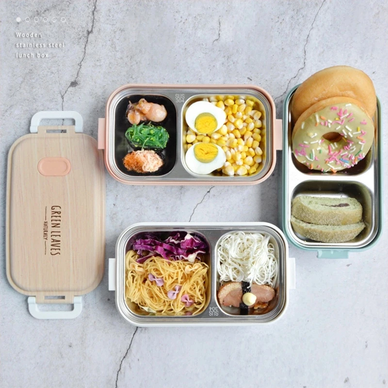 Wood Grain Stainless Steel Leakproof Lunch Box Thermal Lunch Bento Box