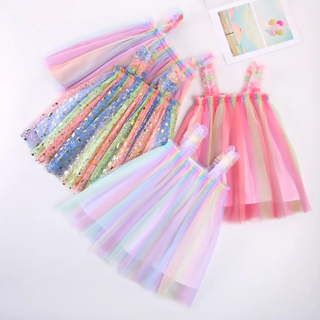 

Girl Dress Children's Clothing New Girl Rainbow Mesh Dresses