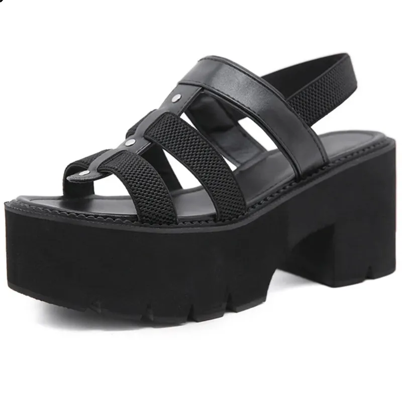 

2021 Summer New Women Platform Sandals Open Toe High Heels Buckle Casual Woman Shoes Rome Style Black