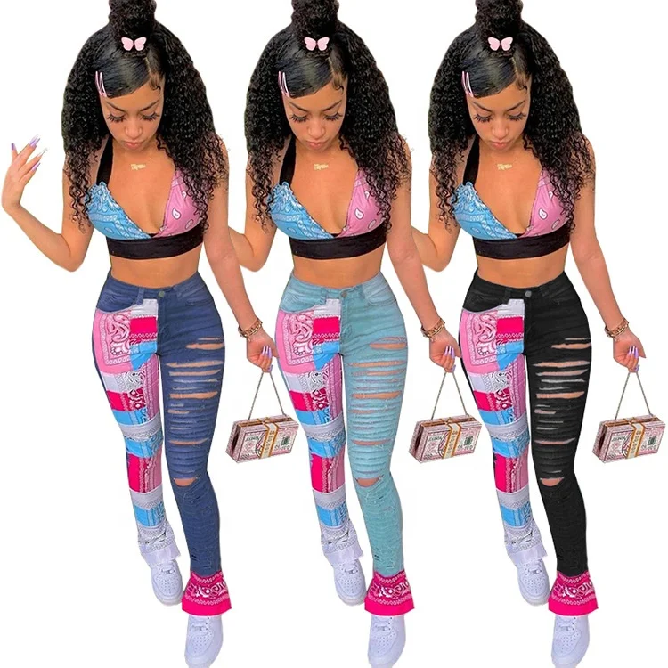 

Bell Bottom Patchwork Ripped 2 Piece Bra Top Women Jean Sets