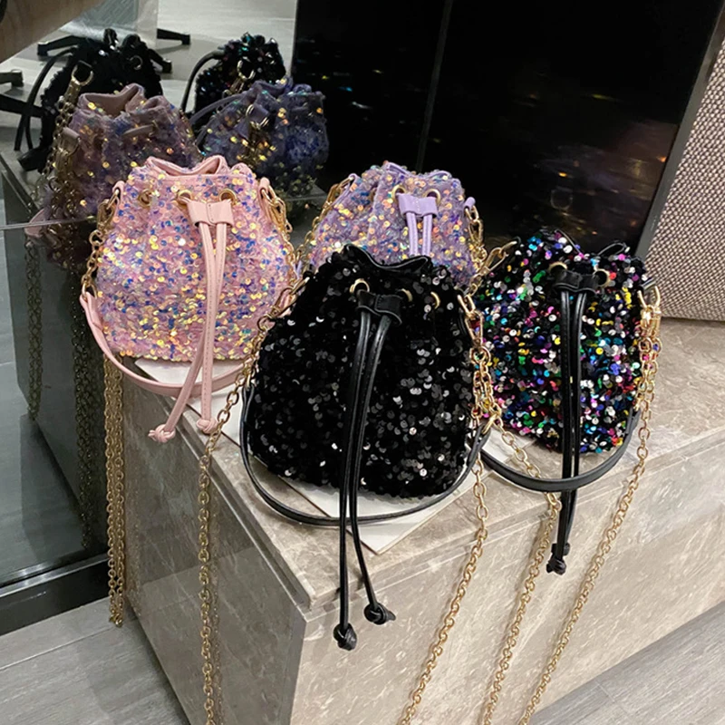 

Women Sequin Chain Shoulder Bag Fashion Simple Pumping Mini Bucket Bag
