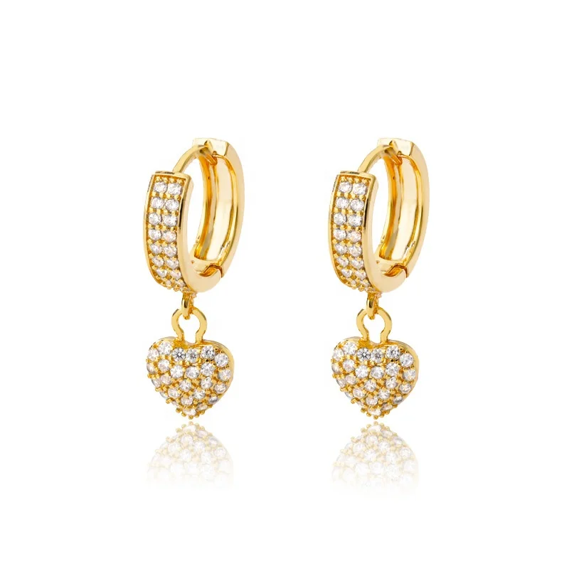 

Trending Jewelry 2021 New Arrivals Gold Plated Heart Shape Pendant Earrings Crystal Zircon Hip Hop Men iced out hoop earrings, Gold silver