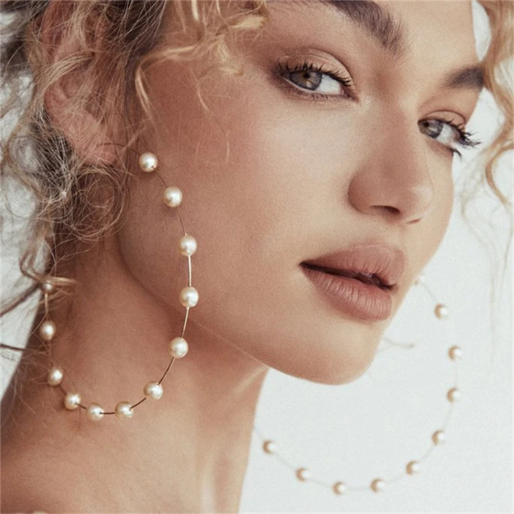 

New Arrival Boho Women Large Size White Gold Hoop Round Circle Pearl Earrings, Gold,silver