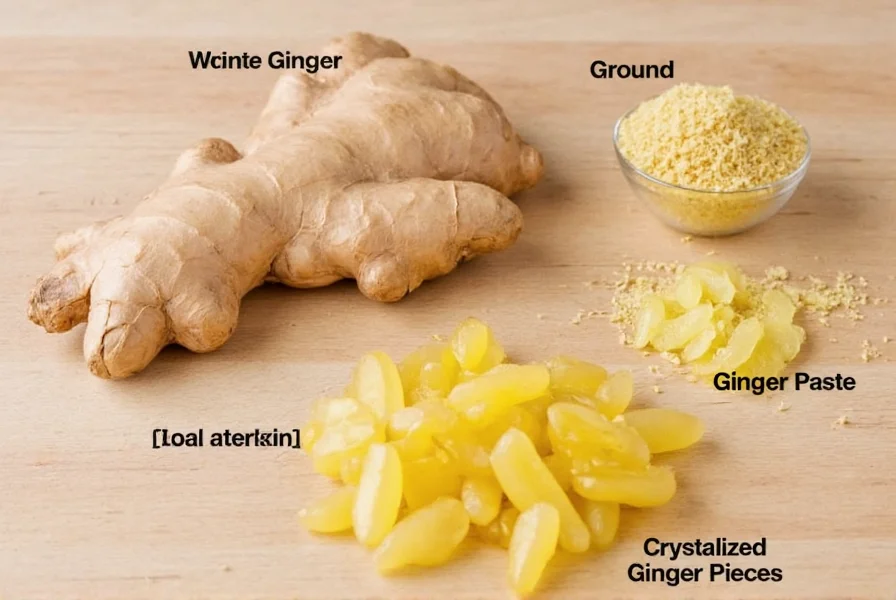 Fresh ginger root next to common substitutes including ground ginger, ginger paste, and crystallized ginger pieces arranged in a kitchen setting