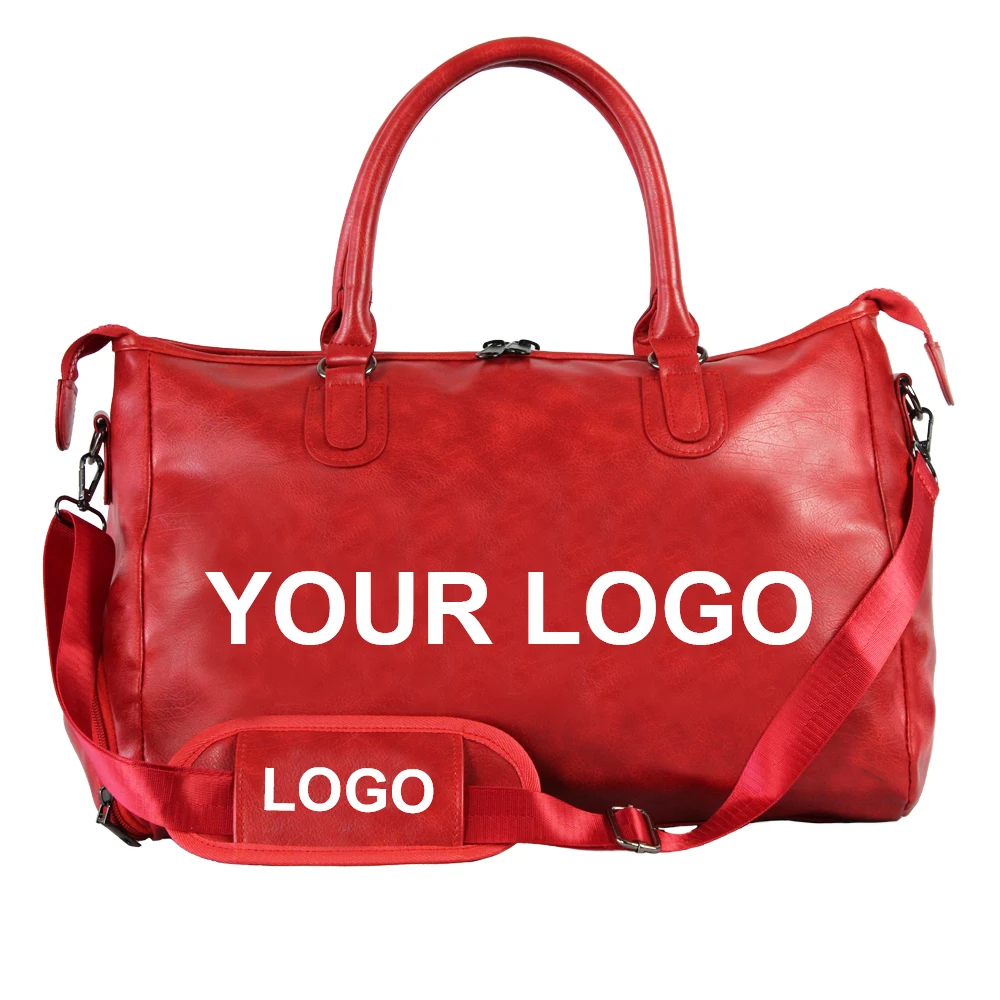 

OEM Custom Foldable Neon Waterproof Women Sports Gym Duffle Travel Bags Weekend Pu Travel Large Bag With Shoe Compartment, Black / red
