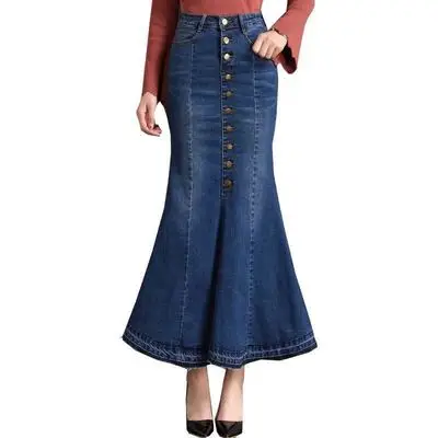 

Hot Sale Ladies Blue Mermaid Skirt Preppy High Waist Style Long Denim Skirt