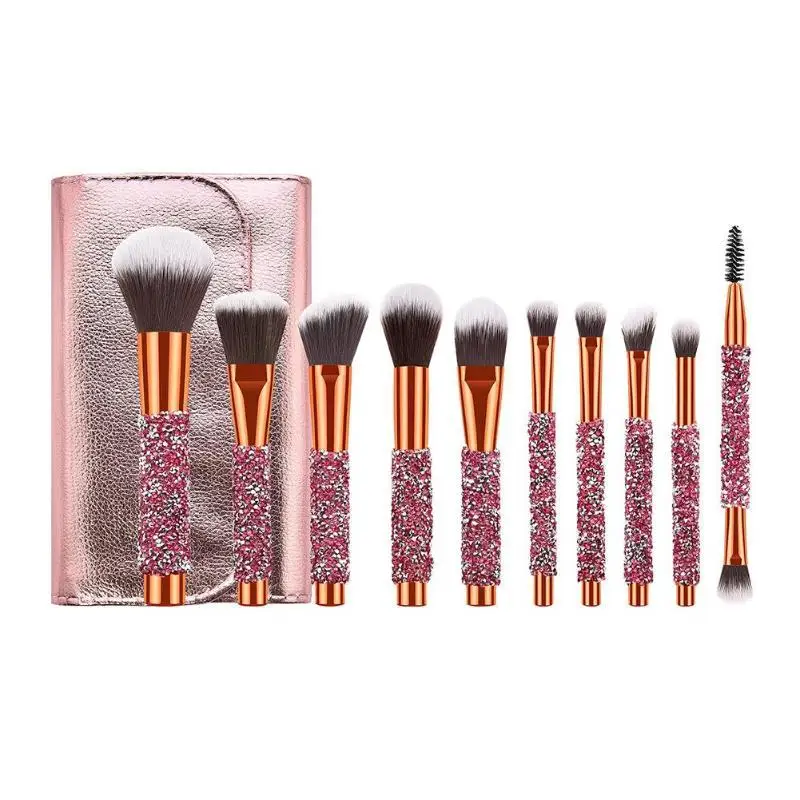 

Rose Golden Glitter Handle 10pcs Crystal Diamond Foundation Brush Set With Pu Bag Makeup Brushes, Show as picture or can customized