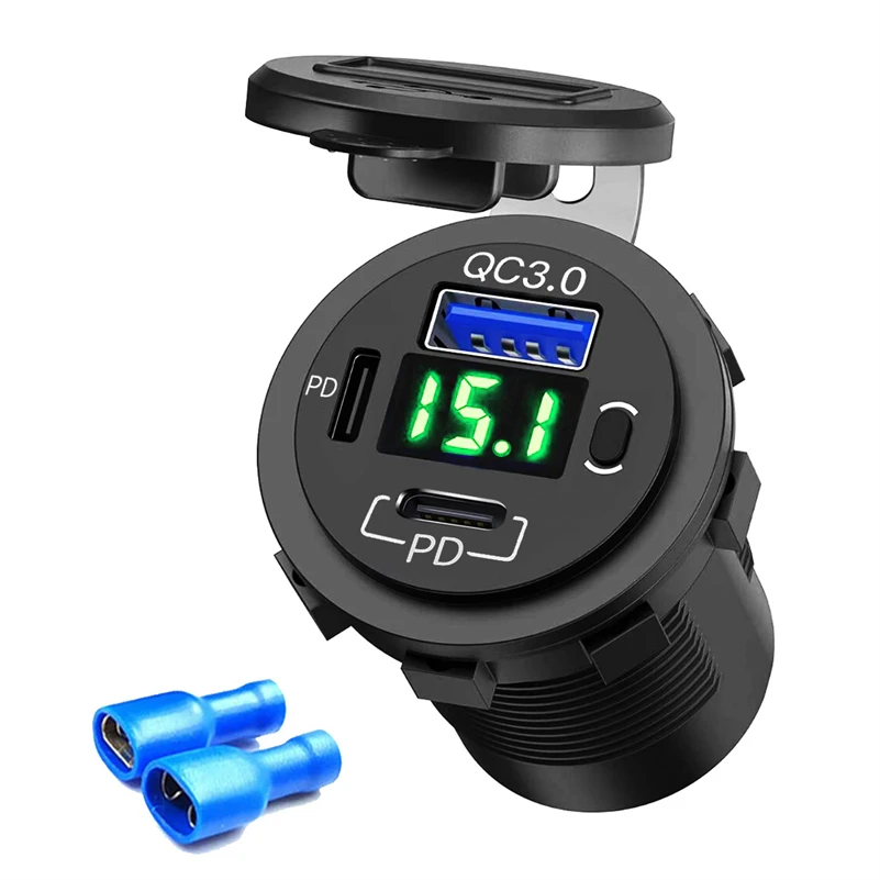 

QC3.0 USB Waterproof Dual Type-C PD Car Charger Motorbike USB 12V Fast Car Charger With ON/Off Switch and Led Voltmeter