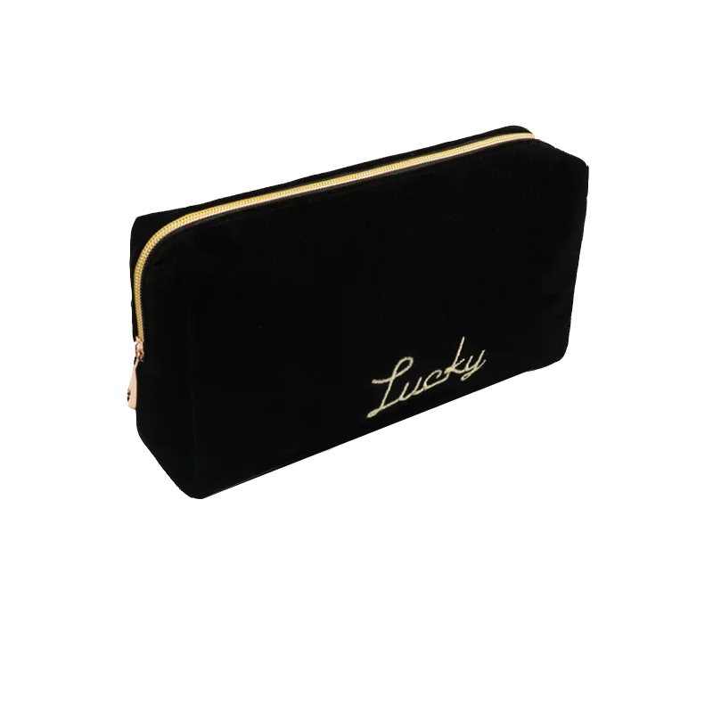 

Suede Black Velvet Traveling Luxury Beauty Custom logo Pouch Zipper Closure Makeup Cosmetic Bag with Embroidery Logo