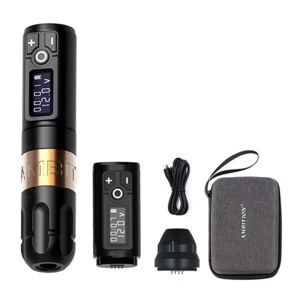 

Ambition Soldier Professional Digital Electric Tattoo Gun Wireless Tattoo Pen Machine with RCA Connector and 2 Battery, Black, gold, silver,green,red