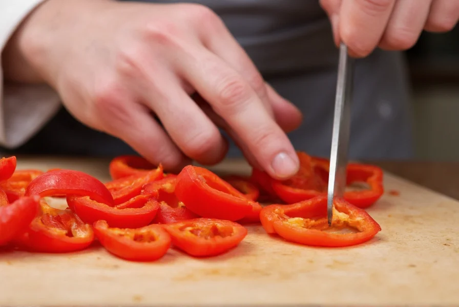 Chef's hands preparing red peppers for cooking with knife on cutting board showing proper slicing technique