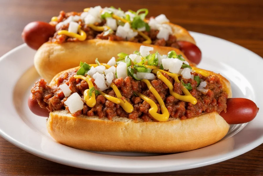 Plated authentic coney dogs with chili topping, diced onions, and yellow mustard on classic diner plate
