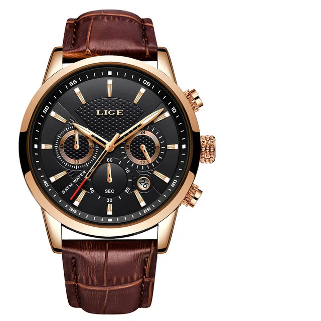 

2022 New Mens Watches LIGE Top Brand Leather Chronograph Waterproof Sport Automatic Date Quartz Watch For Men Relogio Masculino