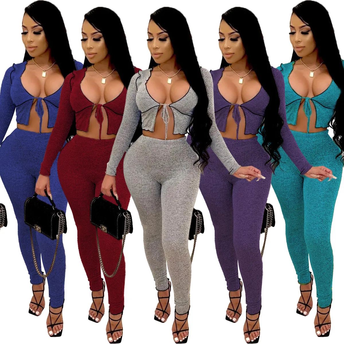 

2 Piece Sets Deep V-neck 2021 Spring Women Bandage Bodycon Lace Up Long Sleeve Crop Top Leggings Pants Suit Sexy Two Piece Set, Picture